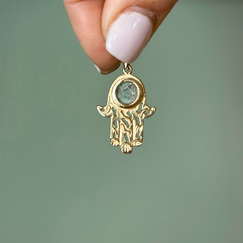 Handmade 14K gold Hamsa pendant set w/ genuine ancient Roman glass with patina.